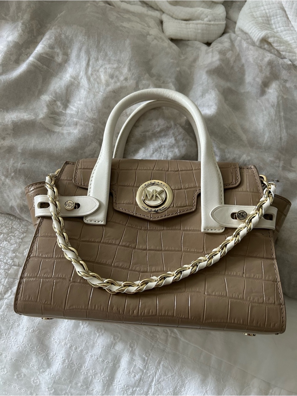Michael Kors Taupe Croc-Embossed Satchel with White Handles and Gold Chain